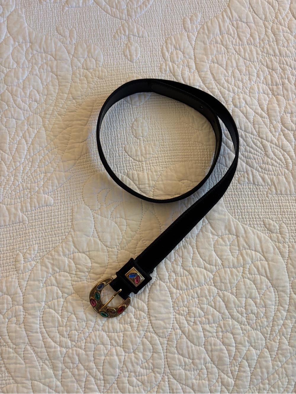 Vintage Black Women's Belt with Multicolor Stone Buckle
